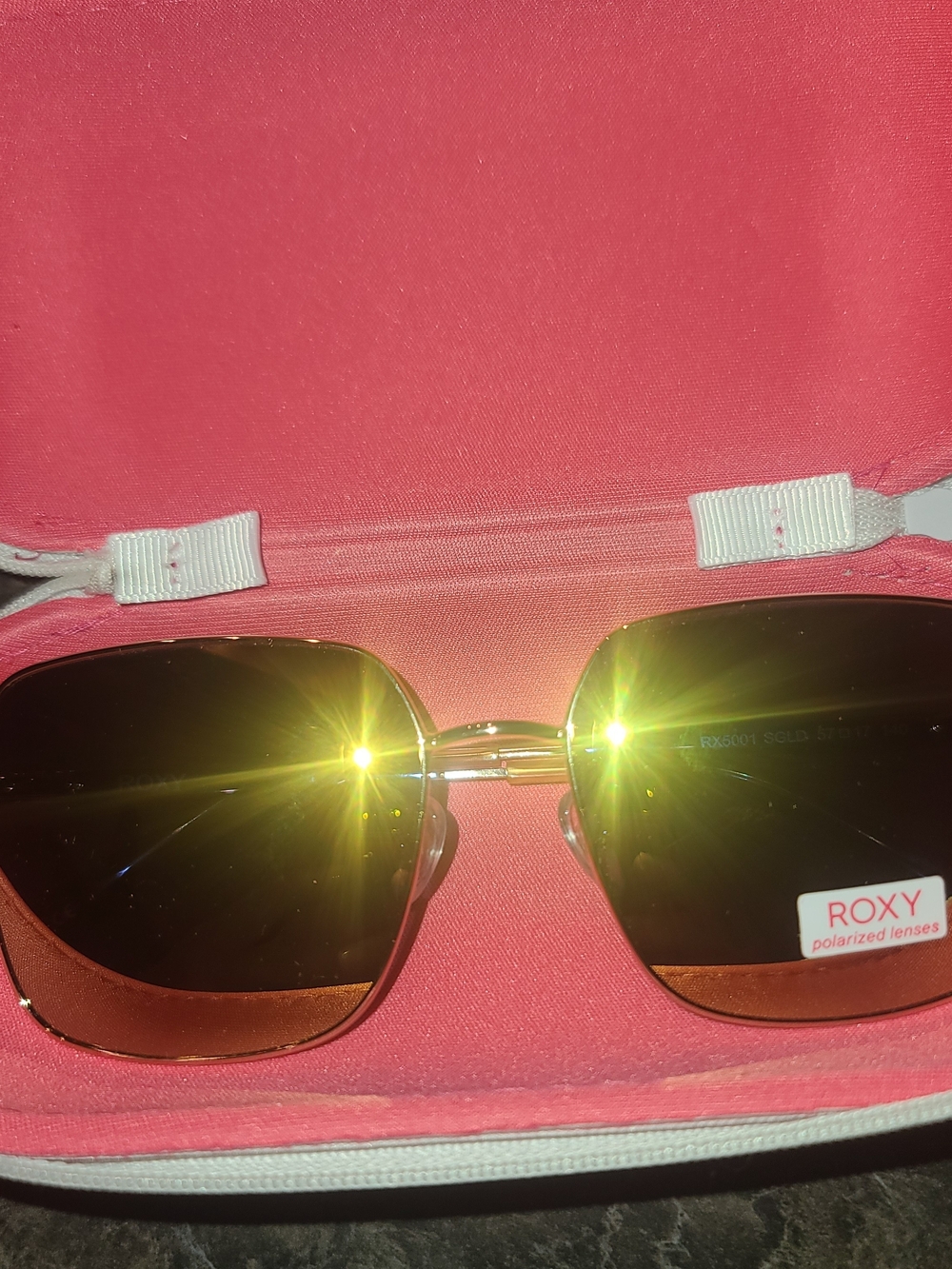 Roxy Gold-Trim Square Sunglasses with Pink Case
